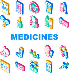 medicines pharmacy medical health icons set vector. prescription pill drug care, treatment doctor bottle hospital drugstore, tablet cure medicines pharmacy medical health isometric sign illustrations