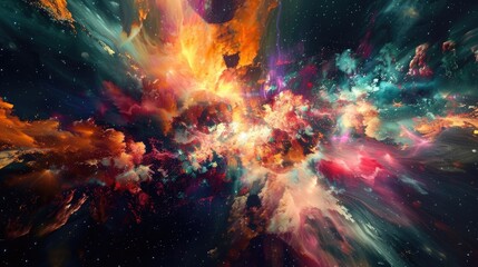 An abstract representation of a supernova explosion, with colorful shockwaves rippling through space in a spectacular display of cosmic power.
