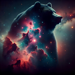 Bear silhouette over colourful nebulas and starry night sky. Concept of a totem animal, powerful Universe, ancient believes and mythology. Amazing digital illustration. CG Artwork Background