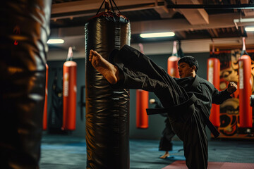 Executing a precise roundhouse kick against a heavy bag in a martial arts practice