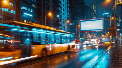 An illuminated blank billboard with room for text or content, a mock-up banner advertising a bus station, and a public information board with blurred vehicles in speed at high speeds in a city at