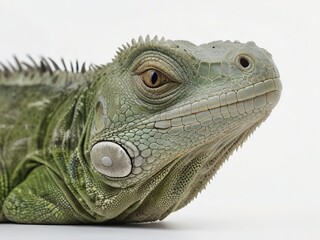 Fototapeta premium A close up portrait of a Green iguana (Iguana iguana) on a white background; Limon province, Costa Rica 4K Genrative AI,, cutout and white background