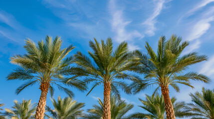 Panoramic view of date palm plantations with a blue sky background.