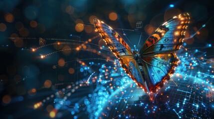Digital butterfly launching out from technology globe Earth.