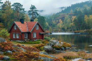 Rotes Holzhaus in eine Naturlandschaft mit See, Felsen, Flechten, Gras und Wald. Herbstliche Stimmung mit Nebel im Hintergrund. 
