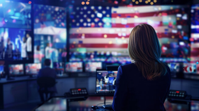 Television Reporter Poised for Election Coverage, A focused female reporter stands with crossed arms in a television studio, prepared for an intense night of election coverage.