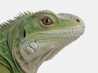 Fototapeta premium A close up portrait of a Green iguana (Iguana iguana) on a white background; Limon province, Costa Rica 4K Genrative AI,, cutout and white background