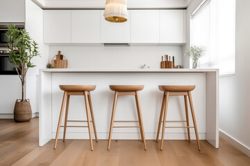 Minimalistic light interior of modern kitchen with island and high chairs
