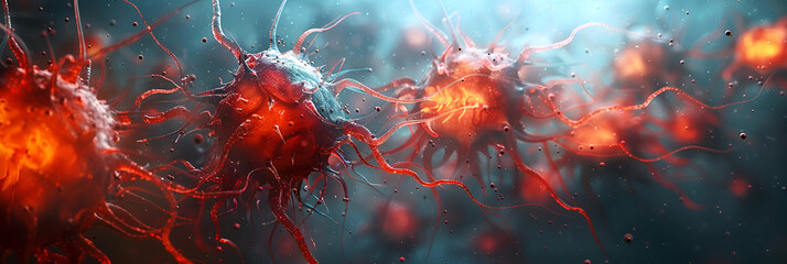 Glioma Cancer Tumor as Malignant Cells Outbreak,
Closeup of nanosized drug carriers entering cancer cells biomedical theme with scientific lighting
 - obrazy, fototapety, plakaty