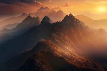Aerial Matte Painting of a Sunset over a Mountain Range