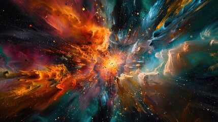 An abstract representation of a supernova explosion, with colorful shockwaves rippling through space in a spectacular display of cosmic power.