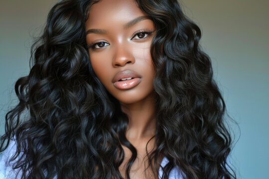 Black wavy hair texture. Beautiful human hair bundles for coiffure with seamless weft extension