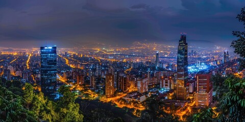 Fototapeta premium City, Capital of Colombia Skyline at Night. Downtown Skyline with Panoramic City Landscape, Urban Architecture, Skyscrapers Panorama