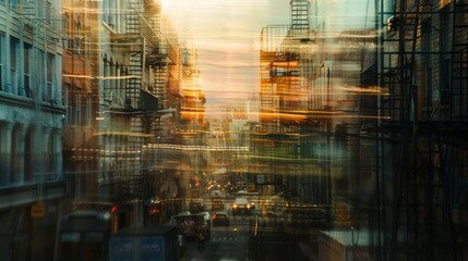 Blurred outlines of dumpsters and fire escapes bathed in the ethereal aura of a busy cityscape after dusk. .