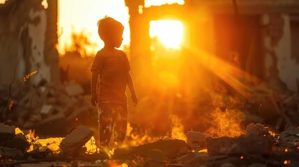 Little boy standing in the ruins of his home, looking at the sunset.