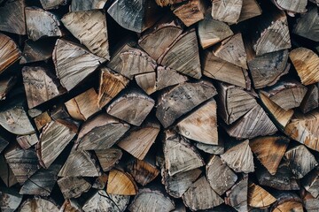 Neatly stacked firewood displays natural beauty, rich textures, and colors.