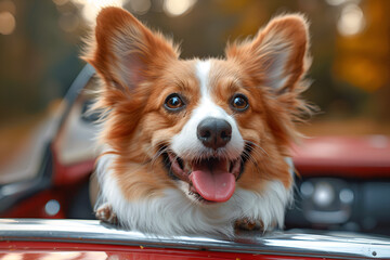 Happy dog at the cabriolet car,
Happy fluffy caramel and white dog looking forward
