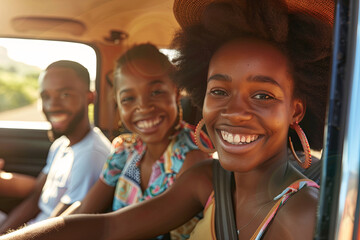 A joyous, large family embarking on a summer road trip to the beach in their car