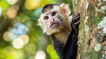Close-up of a Cute Capuchin Monkey in the Costa Rican Forest - Exotic Animal Free in Nature - obrazy, fototapety, plakaty
