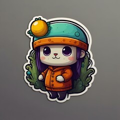 AI illustration of a sticker in green hat and coat holds a branch