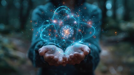 Abstract scientist hands-holding nuclear atom hologram model.