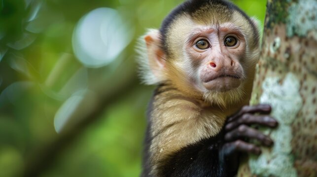 Closeup of Cute Panamanian White-Faced Capuchin Monkey Sitting in Forest Tree, Manuel Antonio Costa Rica