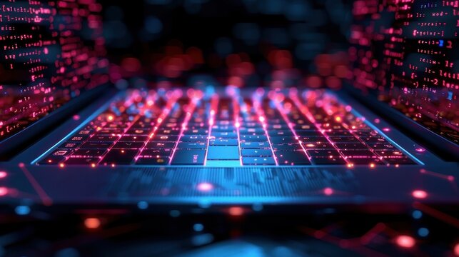 Abstract programming code icon on a laptop screen in light blue