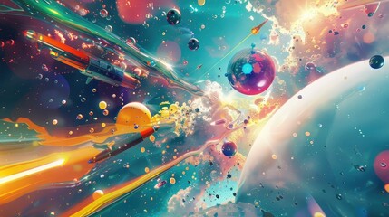 An abstract representation of cosmic exploration, with colorful spacecraft and futuristic probes...