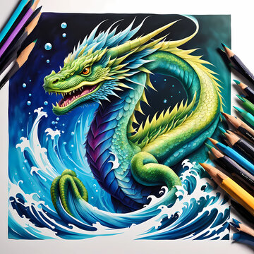 image of water dragon with natural and river scenery,Generative AI
