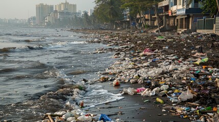 The image shows a polluted beach in Mumbai, India. - obrazy, fototapety, plakaty