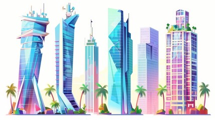 Imaginary skyscrapers with satellite antennas and glass windows in Miami during summer. Palm trees and rescue tower. Cartoon modern illustration set.