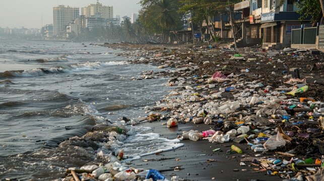 The image shows a polluted beach in Mumbai, India.