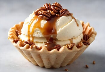 Creamy vanilla ice cream layered with crunchy caramel popcorn, caramelized pecans, and a generous drizzle of caramel sauce, served in a caramel-lined waffle cone bowl.