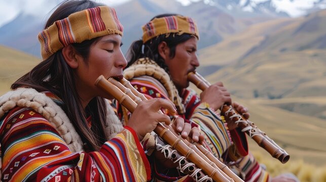 Two men play traditional Andean panpipes in the mountains.