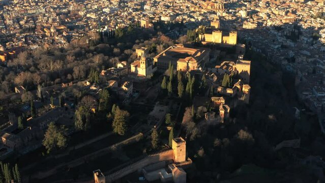 Aerial drone reveal of Alhambra in Granada Spain, Revealing the City
