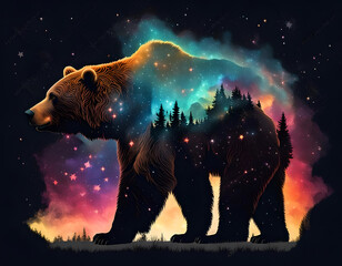Bear silhouette over colourful nebulas and starry night sky. Concept of a totem animal, powerful Universe, ancient believes and mythology. Amazing digital illustration. CG Artwork Background - obrazy, fototapety, plakaty