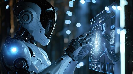 Craft a visual prompt of an AI humanoid robot functioning as a technological conductor, holding a hologram screen with precision.