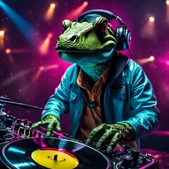 AI generated illustration of a crocodile DJ playing music