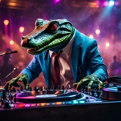AI generated illustration of a crocodile DJ playing music