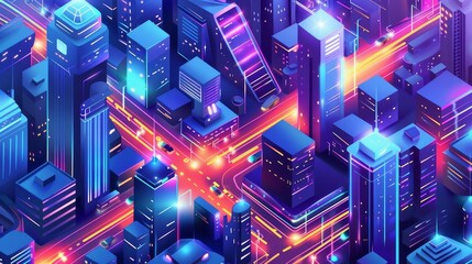 An isometric futuristic town with skyscrapers, buildings, and a road. Modern landing page for an urban infrastructure company's website.