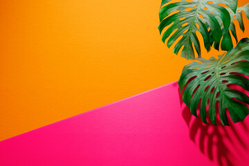 Vivid colorful summer background with monstera leaf. Vibrant orange and pink color studio scene...