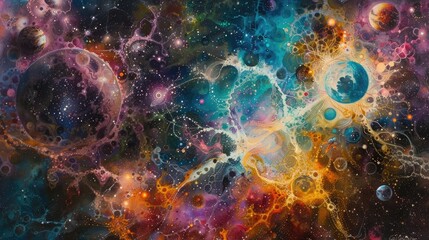 An abstract representation of cosmic harmony, with intertwining celestial bodies and colorful...