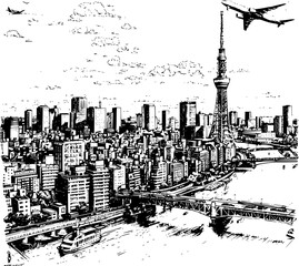 2D Tokyo Illustration, 2D Drawing of Tokyo Skyline on White Background