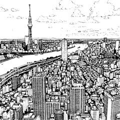 Illustration Design of Tokyo, Black and White Line Art of Tokyo City