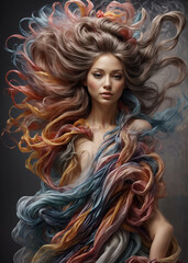 colorful smoke sculpture portrait of a woman, in the style of flowing fabrics, delicate ink washes, colors