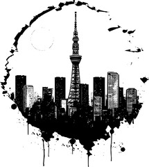 Obraz premium Skyline View of Tokyo, Black and White Tokyo Skyline Sticker