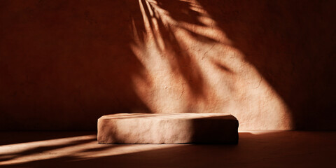 Dark stone podium with palm shadow on textured clay wall. Summer background in tropical style for...