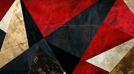 Craft a visual prompt showcasing a dynamic triad of red, black, and gold triangles dancing in...