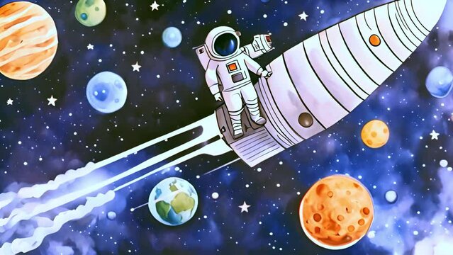 Kids drawing universe space rocket Stars and planets. pulsing in space cartoon animation hand drawn, dynamic, cartoon on cosmic background. Animation water oil effect. Little pilot in space galaxy 4k