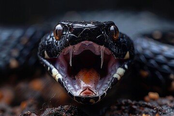 Black Mamba: Slithering across the ground with mouth open, showcasing its deadly reputation. - obrazy, fototapety, plakaty